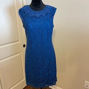Adrianna Papell blue lace dress with stone detail in color. Size 2.